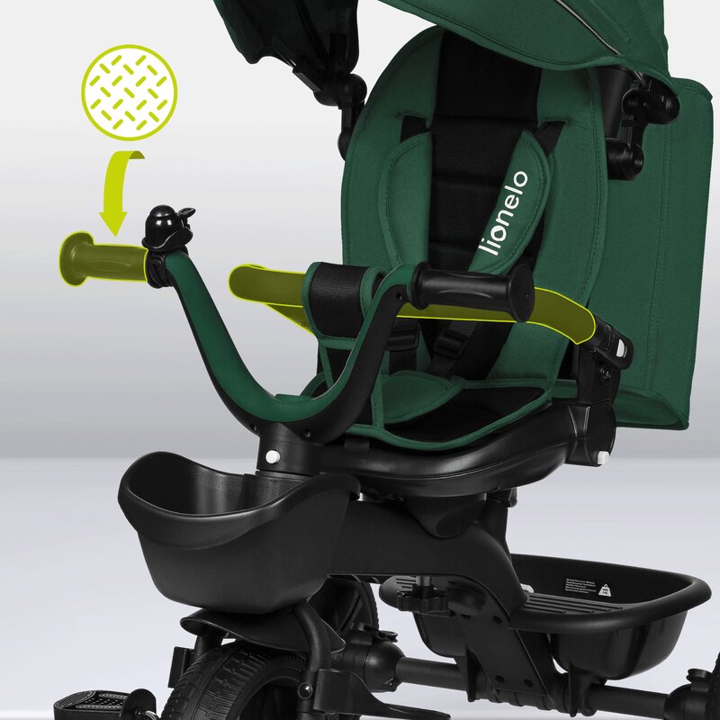Tricicleta copii, Lionelo Kori, ultra-pliabila si multifunctionala, cu scaun rotativ 360°, control parental, suport pentru picioare si accesorii premium, Verde - gogobaby.ro