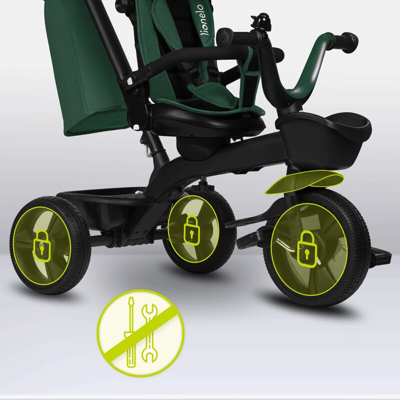 Tricicleta copii, Lionelo Kori, ultra-pliabila si multifunctionala, cu scaun rotativ 360°, control parental, suport pentru picioare si accesorii premium, Verde - gogobaby.ro