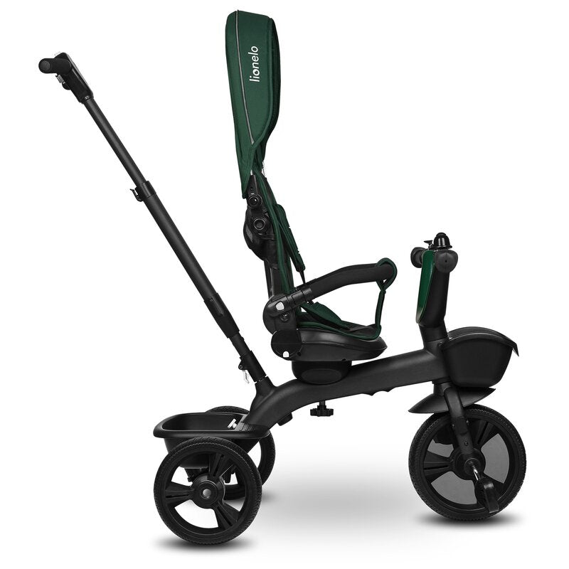 Tricicleta copii, Lionelo Kori, ultra-pliabila si multifunctionala, cu scaun rotativ 360°, control parental, suport pentru picioare si accesorii premium, Verde - gogobaby.ro