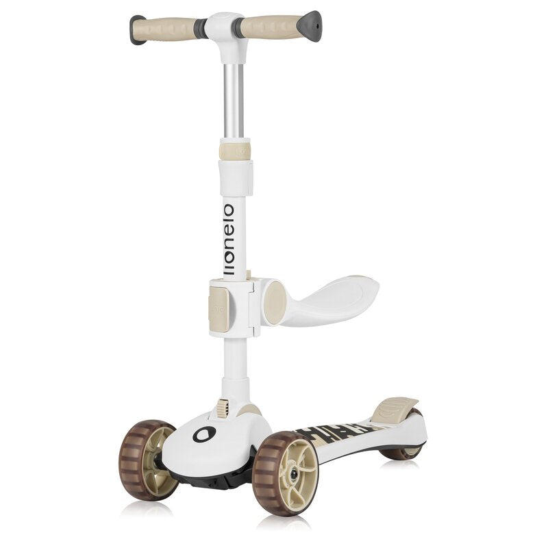 Trotineta, Lionelo, Franky, Multifunctionala, Pliabila, Pana la 50 kg, Bicicleta cu 3 roti si trotineta de echilibru, Ghidon reglabil, Sezut detasabil, Roti cu LED, Conform cu EN71, EN62115, 12 luni+, Bej - gogobaby.ro