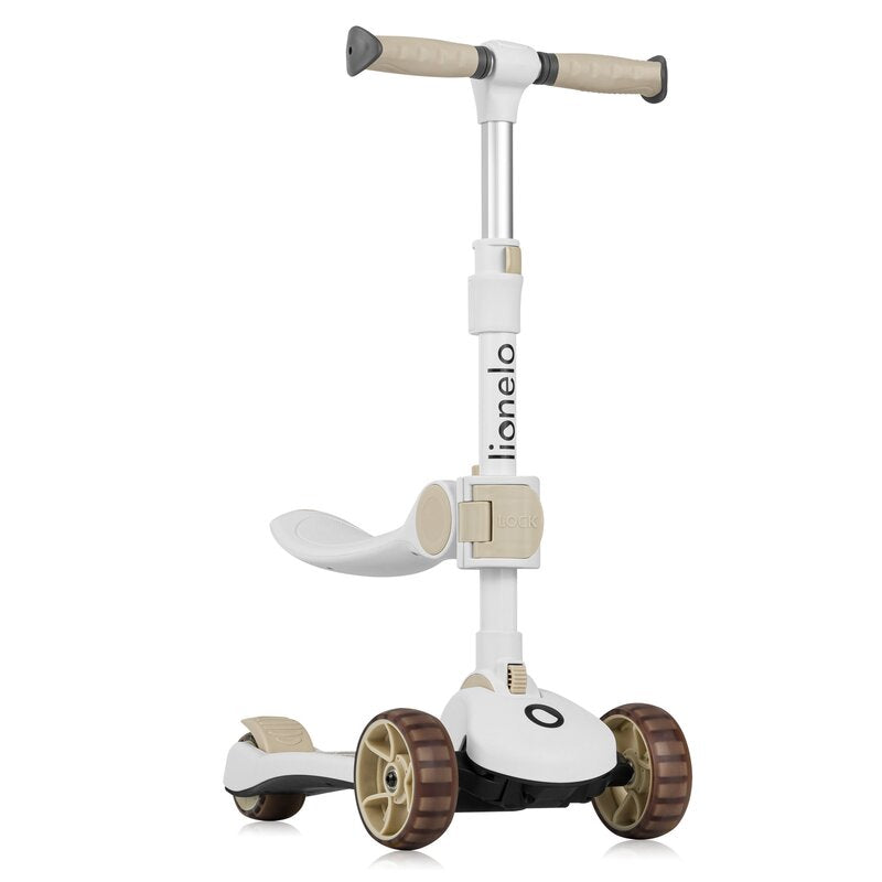 Trotineta, Lionelo, Franky, Multifunctionala, Pliabila, Pana la 50 kg, Bicicleta cu 3 roti si trotineta de echilibru, Ghidon reglabil, Sezut detasabil, Roti cu LED, Conform cu EN71, EN62115, 12 luni+, Bej - gogobaby.ro