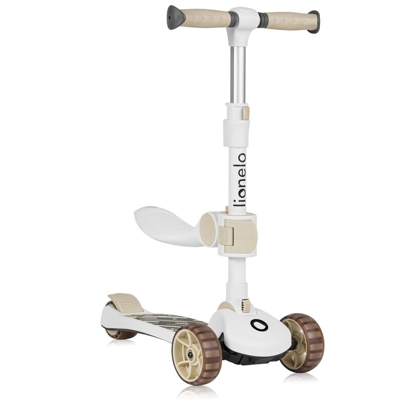 Trotineta, Lionelo, Franky, Multifunctionala, Pliabila, Pana la 50 kg, Bicicleta cu 3 roti si trotineta de echilibru, Ghidon reglabil, Sezut detasabil, Roti cu LED, Conform cu EN71, EN62115, 12 luni+, Bej - gogobaby.ro