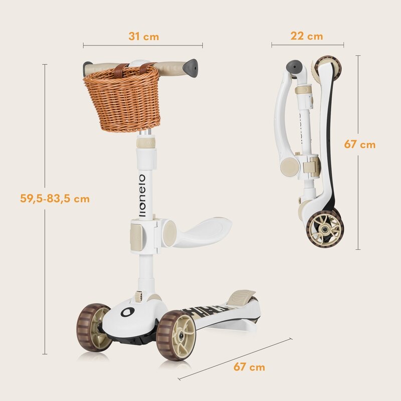 Trotineta, Lionelo, Franky, Multifunctionala, Pliabila, Pana la 50 kg, Bicicleta cu 3 roti si trotineta de echilibru, Ghidon reglabil, Sezut detasabil, Roti cu LED, Conform cu EN71, EN62115, 12 luni+, Bej - gogobaby.ro