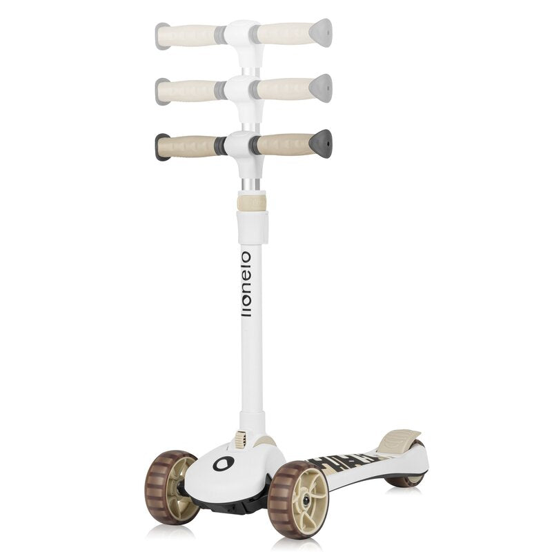 Trotineta, Lionelo, Franky, Multifunctionala, Pliabila, Pana la 50 kg, Bicicleta cu 3 roti si trotineta de echilibru, Ghidon reglabil, Sezut detasabil, Roti cu LED, Conform cu EN71, EN62115, 12 luni+, Bej - gogobaby.ro