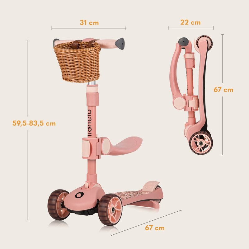 Trotineta, Lionelo, Franky, Multifunctionala, Pliabila, Pana la 50 kg, Bicicleta cu 3 roti si trotineta de echilibru, Ghidon reglabil, Sezut detasabil, Roti cu LED, Conform cu EN71, EN62115, 12 luni+, Roz - gogobaby.ro