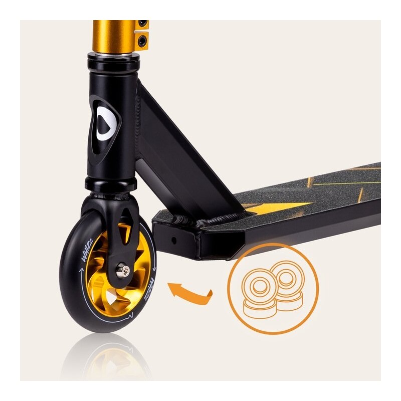 Trotineta, Lionelo, Whizz, Pentru Acrobatii, Rulmenti ABEC-9, Sistemul de compresie IHC 9, 20 - 100 kg, Conform cu standardul european de securitate EN14619, Galben/Negru - gogobaby.ro
