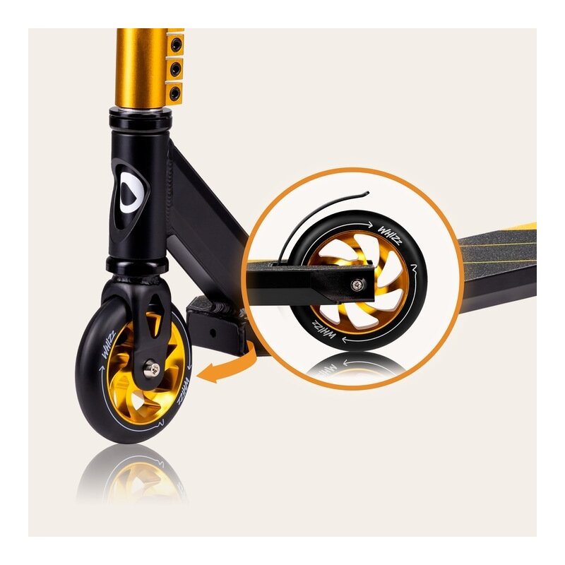 Trotineta, Lionelo, Whizz, Pentru Acrobatii, Rulmenti ABEC-9, Sistemul de compresie IHC 9, 20 - 100 kg, Conform cu standardul european de securitate EN14619, Galben/Negru - gogobaby.ro