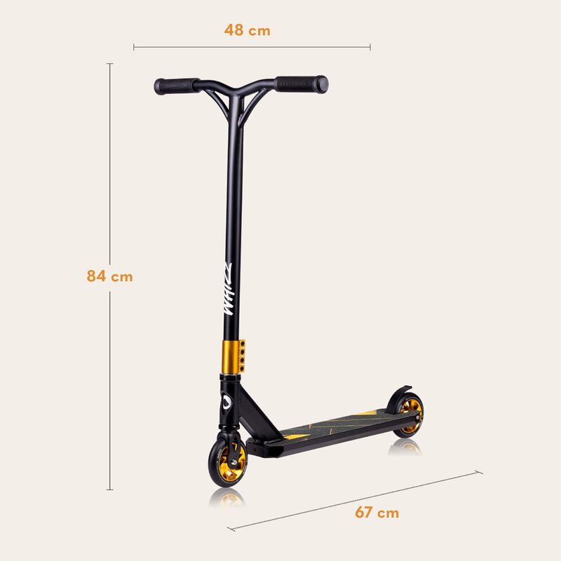 Trotineta, Lionelo, Whizz, Pentru Acrobatii, Rulmenti ABEC-9, Sistemul de compresie IHC 9, 20 - 100 kg, Conform cu standardul european de securitate EN14619, Galben/Negru - gogobaby.ro