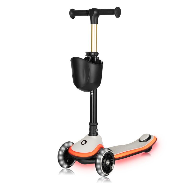 Trotineta pentru copii, Lionelo, Mey, Ultrapliabila, Cu lumini si cosulet, Maner ajustabil pe inaltime, 3 ani+, Pana la 50 Kg, Ultra usor, 2.8 kg, Conform cu standardul EN71-1/2/3, Certificata Intertek, Bej - gogobaby.ro