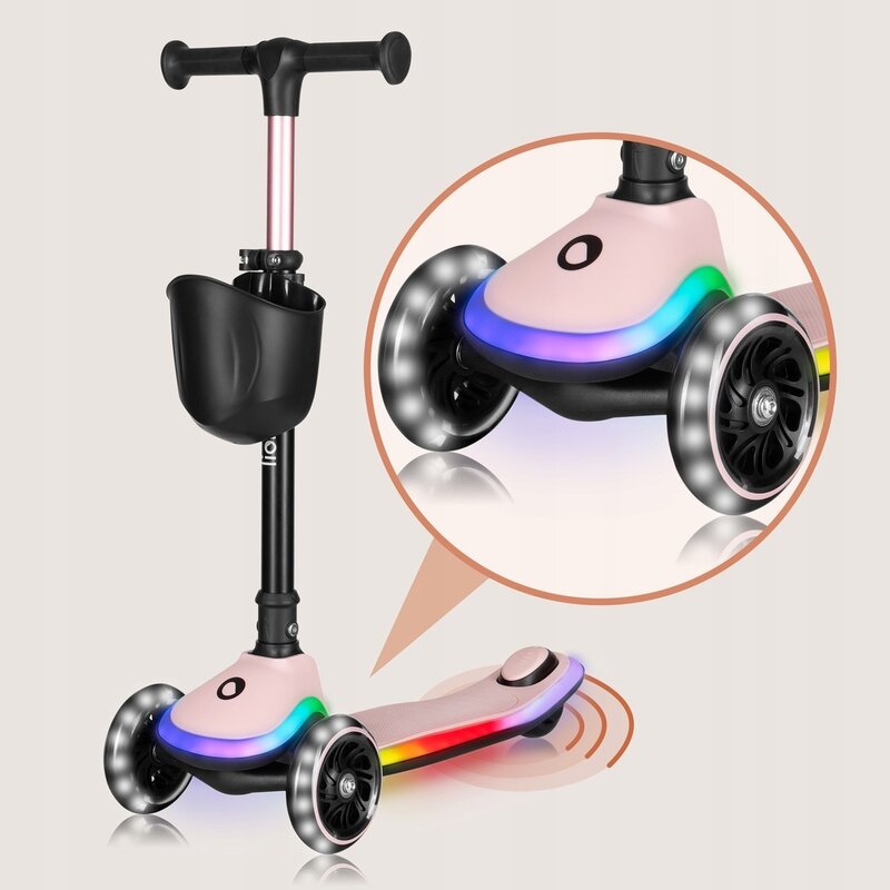 Trotineta pentru copii, Lionelo, Mey, Ultrapliabila, Cu lumini si cosulet, Maner ajustabil pe inaltime, 3 ani+, Pana la 50 Kg, Ultra usor, 2.8 kg, Conform cu standardul EN71-1/2/3, Certificata Intertek, Roz - gogobaby.ro