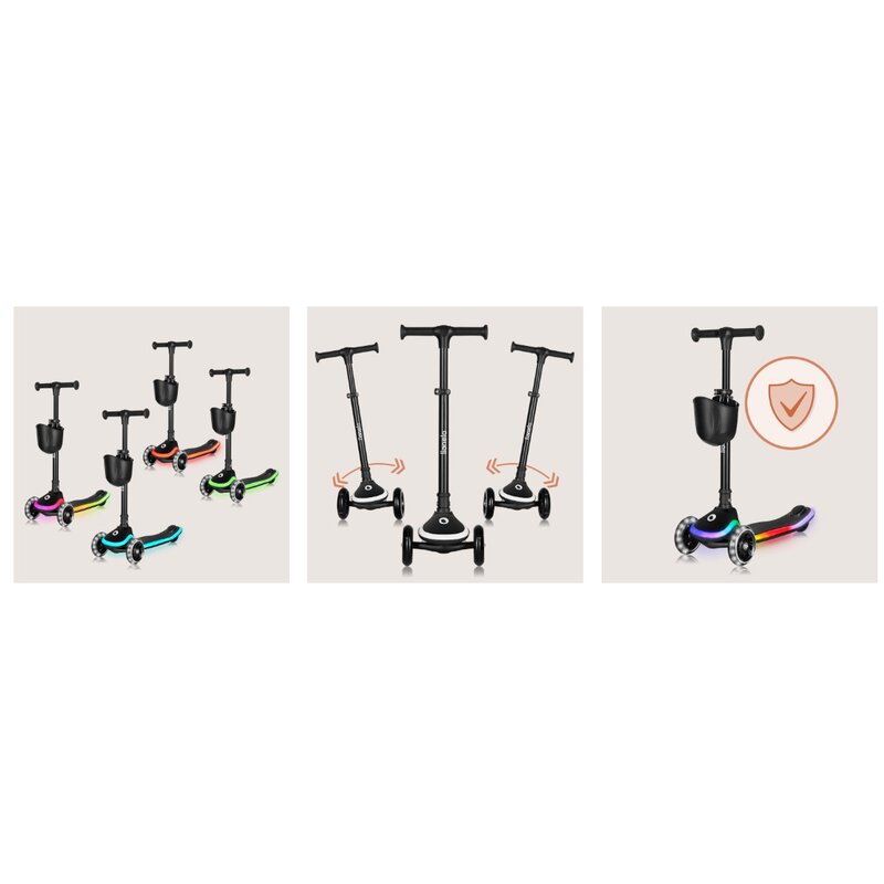 Trotineta pentru copii, Lionelo, Mey, Ultrapliabila, Cu lumini si cosulet, Maner ajustabil pe inaltime, 3 ani+, Pana la 50 Kg, Ultra usor, 2.8 kg, Conform cu standardul EN71-1/2/3, Certificata Intertek, Negru - gogobaby.ro