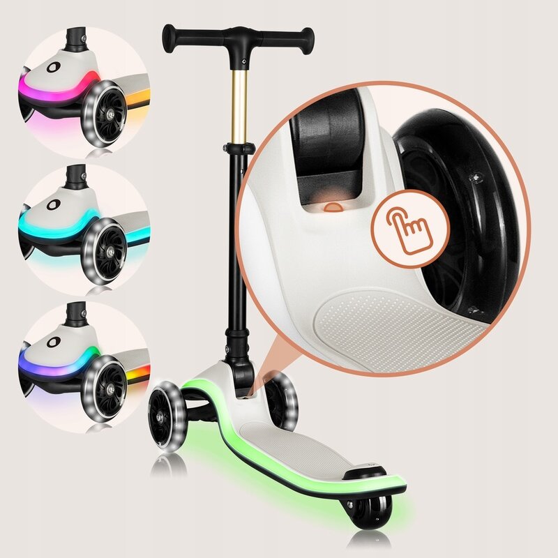 Trotineta pentru copii, Lionelo, Mey, Ultrapliabila, Cu lumini si cosulet, Maner ajustabil pe inaltime, 3 ani+, Pana la 50 Kg, Ultra usor, 2.8 kg, Conform cu standardul EN71-1/2/3, Certificata Intertek, Bej - gogobaby.ro
