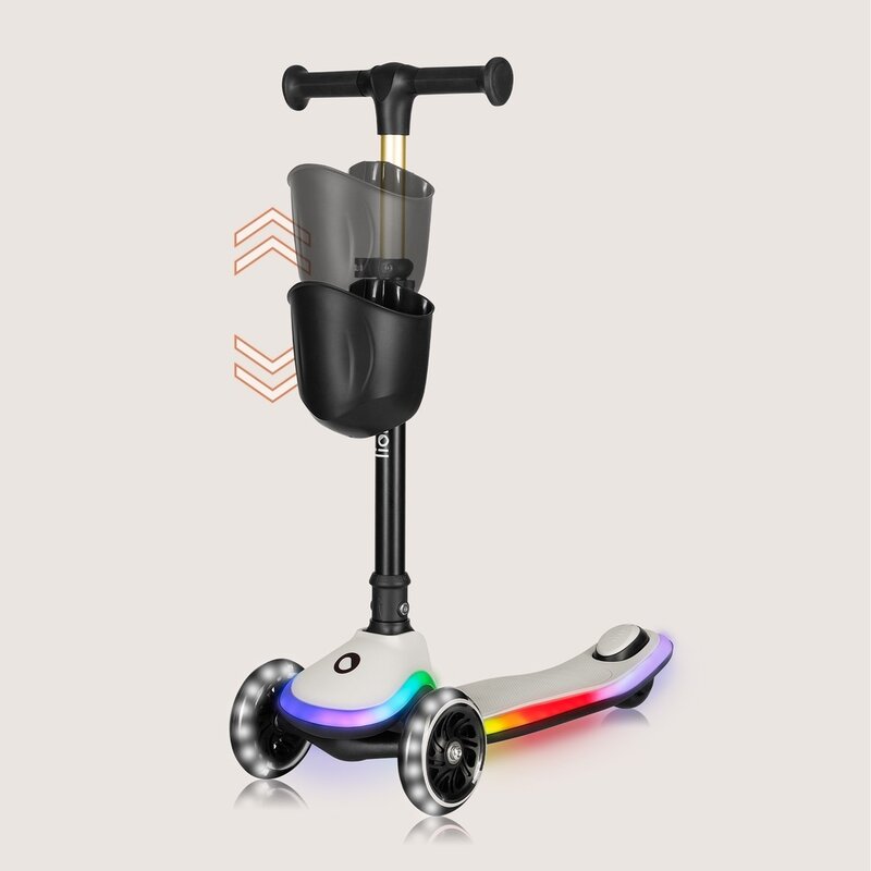 Trotineta pentru copii, Lionelo, Mey, Ultrapliabila, Cu lumini si cosulet, Maner ajustabil pe inaltime, 3 ani+, Pana la 50 Kg, Ultra usor, 2.8 kg, Conform cu standardul EN71-1/2/3, Certificata Intertek, Bej - gogobaby.ro
