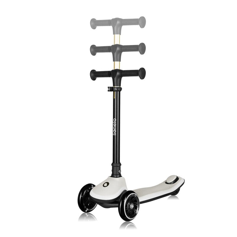 Trotineta pentru copii, Lionelo, Mey, Ultrapliabila, Cu lumini si cosulet, Maner ajustabil pe inaltime, 3 ani+, Pana la 50 Kg, Ultra usor, 2.8 kg, Conform cu standardul EN71-1/2/3, Certificata Intertek, Bej - gogobaby.ro