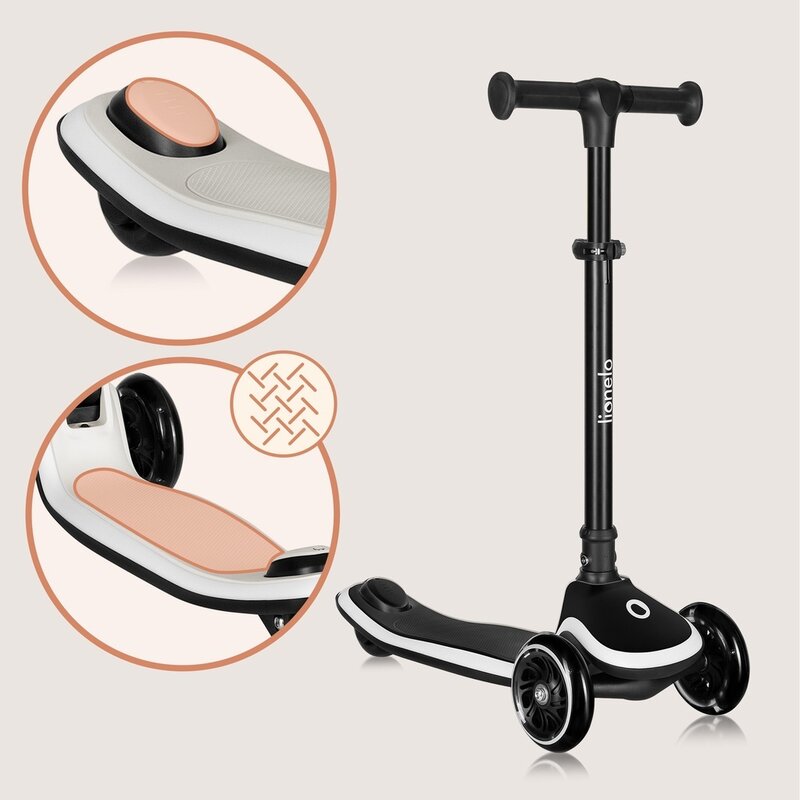 Trotineta pentru copii, Lionelo, Mey, Ultrapliabila, Cu lumini si cosulet, Maner ajustabil pe inaltime, 3 ani+, Pana la 50 Kg, Ultra usor, 2.8 kg, Conform cu standardul EN71-1/2/3, Certificata Intertek, Negru - gogobaby.ro