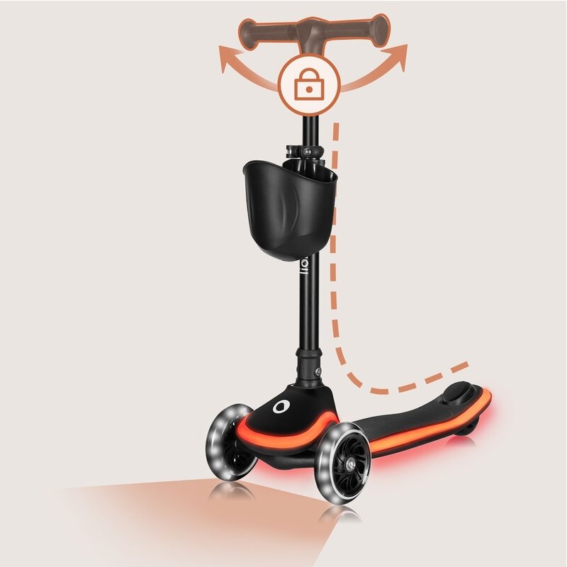 Trotineta pentru copii, Lionelo, Mey, Ultrapliabila, Cu lumini si cosulet, Maner ajustabil pe inaltime, 3 ani+, Pana la 50 Kg, Ultra usor, 2.8 kg, Conform cu standardul EN71-1/2/3, Certificata Intertek, Negru - gogobaby.ro
