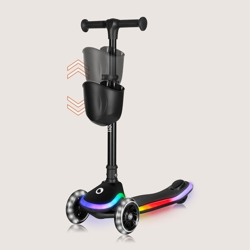 Trotineta pentru copii, Lionelo, Mey, Ultrapliabila, Cu lumini si cosulet, Maner ajustabil pe inaltime, 3 ani+, Pana la 50 Kg, Ultra usor, 2.8 kg, Conform cu standardul EN71-1/2/3, Certificata Intertek, Negru - gogobaby.ro