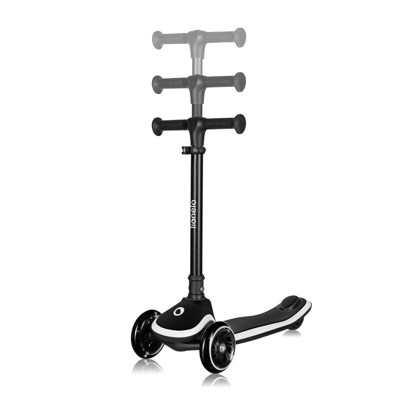 Trotineta pentru copii, Lionelo, Mey, Ultrapliabila, Cu lumini si cosulet, Maner ajustabil pe inaltime, 3 ani+, Pana la 50 Kg, Ultra usor, 2.8 kg, Conform cu standardul EN71-1/2/3, Certificata Intertek, Negru - gogobaby.ro
