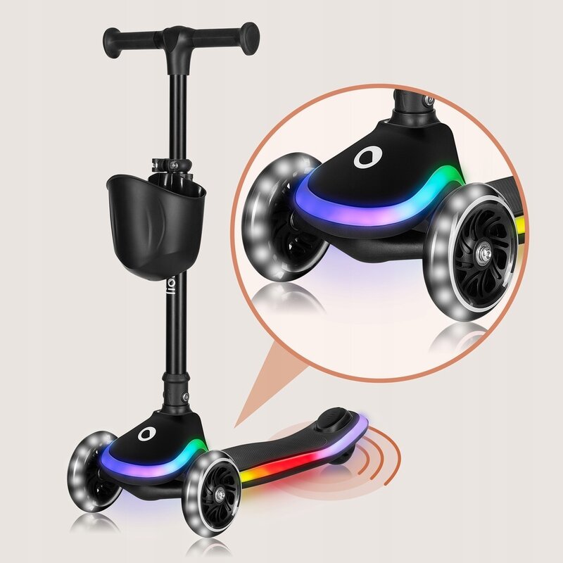 Trotineta pentru copii, Lionelo, Mey, Ultrapliabila, Cu lumini si cosulet, Maner ajustabil pe inaltime, 3 ani+, Pana la 50 Kg, Ultra usor, 2.8 kg, Conform cu standardul EN71-1/2/3, Certificata Intertek, Negru - gogobaby.ro