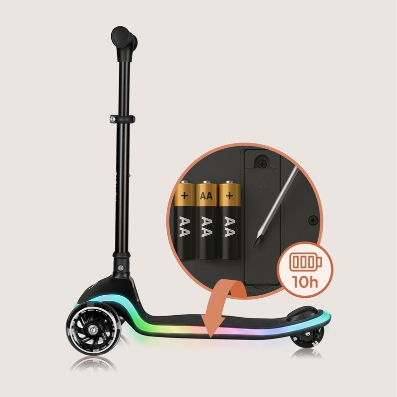 Trotineta pentru copii, Lionelo, Mey, Ultrapliabila, Cu lumini si cosulet, Maner ajustabil pe inaltime, 3 ani+, Pana la 50 Kg, Ultra usor, 2.8 kg, Conform cu standardul EN71-1/2/3, Certificata Intertek, Negru - gogobaby.ro