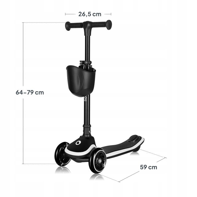 Trotineta pentru copii, Lionelo, Mey, Ultrapliabila, Cu lumini si cosulet, Maner ajustabil pe inaltime, 3 ani+, Pana la 50 Kg, Ultra usor, 2.8 kg, Conform cu standardul EN71-1/2/3, Certificata Intertek, Negru - gogobaby.ro