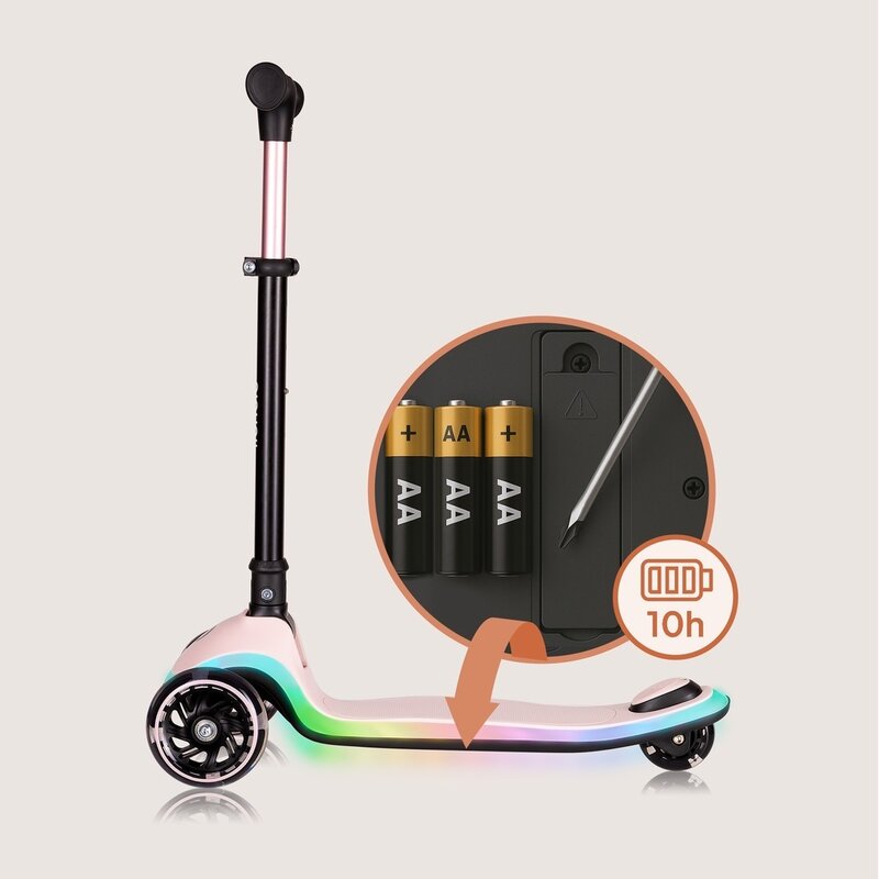 Trotineta pentru copii, Lionelo, Mey, Ultrapliabila, Cu lumini si cosulet, Maner ajustabil pe inaltime, 3 ani+, Pana la 50 Kg, Ultra usor, 2.8 kg, Conform cu standardul EN71-1/2/3, Certificata Intertek, Roz - gogobaby.ro
