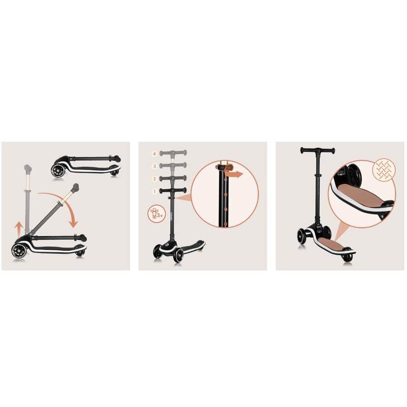 Trotineta pentru copii, Lionelo, Mey, Ultrapliabila, Cu lumini si cosulet, Maner ajustabil pe inaltime, 3 ani+, Pana la 50 Kg, Ultra usor, 2.8 kg, Conform cu standardul EN71-1/2/3, Certificata Intertek, Negru - gogobaby.ro