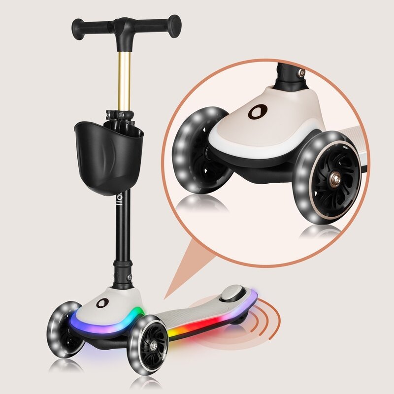 Trotineta pentru copii, Lionelo, Mey, Ultrapliabila, Cu lumini si cosulet, Maner ajustabil pe inaltime, 3 ani+, Pana la 50 Kg, Ultra usor, 2.8 kg, Conform cu standardul EN71-1/2/3, Certificata Intertek, Bej - gogobaby.ro