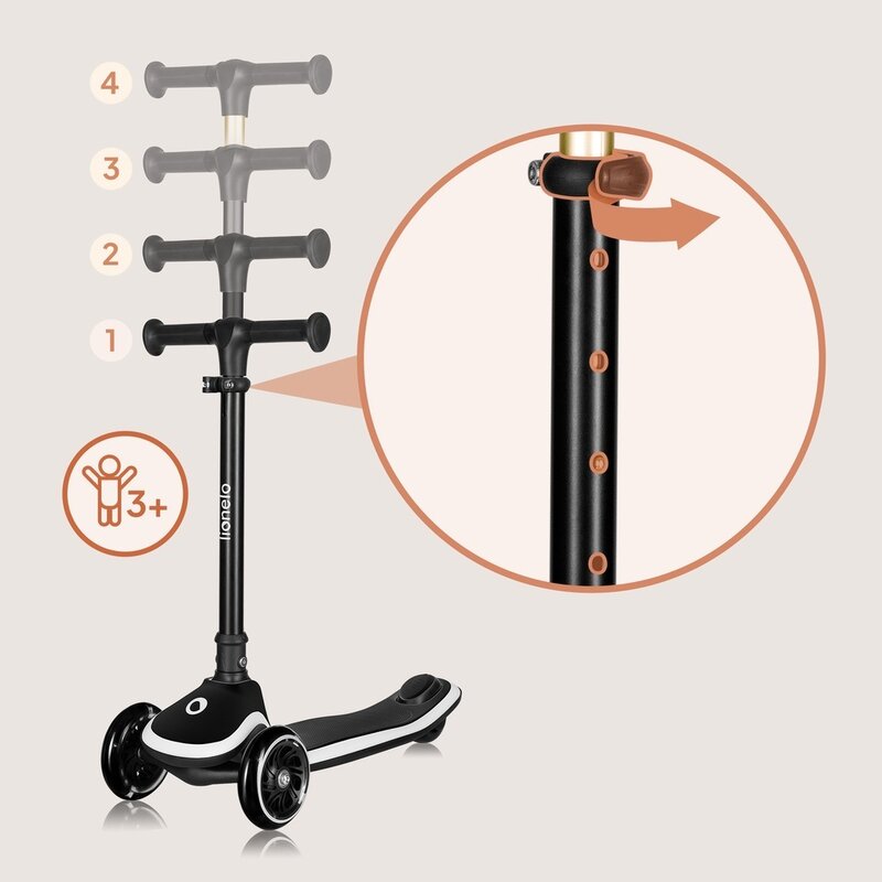 Trotineta pentru copii, Lionelo, Mey, Ultrapliabila, Cu lumini si cosulet, Maner ajustabil pe inaltime, 3 ani+, Pana la 50 Kg, Ultra usor, 2.8 kg, Conform cu standardul EN71-1/2/3, Certificata Intertek, Negru - gogobaby.ro