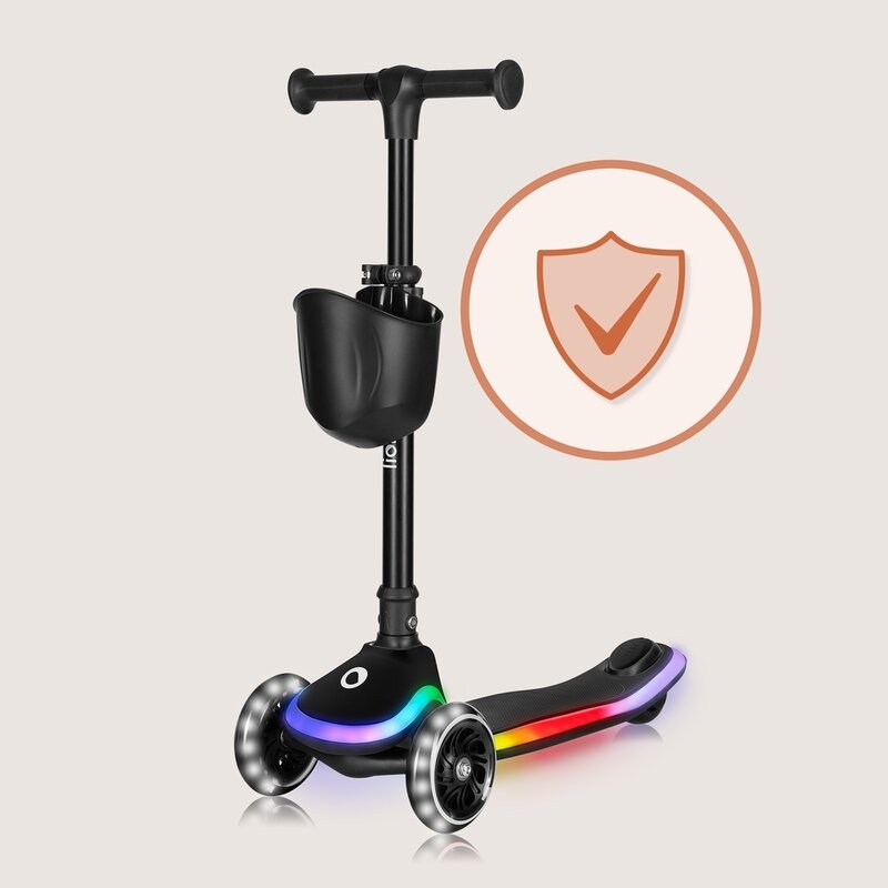 Trotineta pentru copii, Lionelo, Mey, Ultrapliabila, Cu lumini si cosulet, Maner ajustabil pe inaltime, 3 ani+, Pana la 50 Kg, Ultra usor, 2.8 kg, Conform cu standardul EN71-1/2/3, Certificata Intertek, Negru - gogobaby.ro