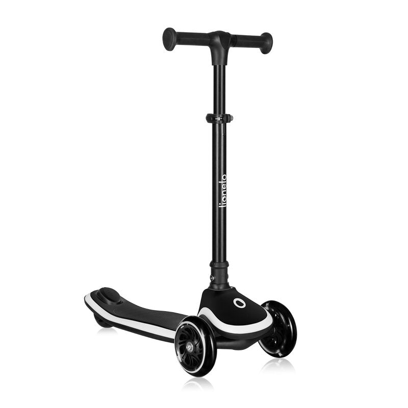 Trotineta pentru copii, Lionelo, Mey, Ultrapliabila, Cu lumini si cosulet, Maner ajustabil pe inaltime, 3 ani+, Pana la 50 Kg, Ultra usor, 2.8 kg, Conform cu standardul EN71-1/2/3, Certificata Intertek, Negru - gogobaby.ro