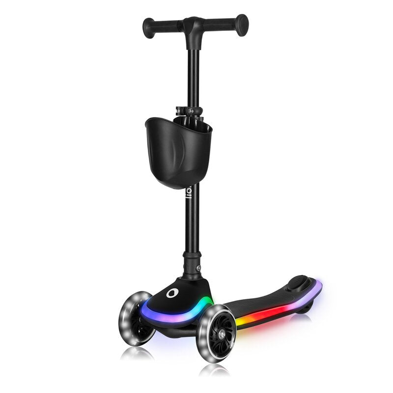 Trotineta pentru copii, Lionelo, Mey, Ultrapliabila, Cu lumini si cosulet, Maner ajustabil pe inaltime, 3 ani+, Pana la 50 Kg, Ultra usor, 2.8 kg, Conform cu standardul EN71-1/2/3, Certificata Intertek, Negru - gogobaby.ro
