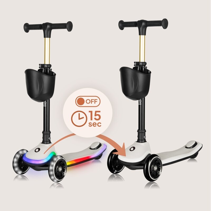 Trotineta pentru copii, Lionelo, Mey, Ultrapliabila, Cu lumini si cosulet, Maner ajustabil pe inaltime, 3 ani+, Pana la 50 Kg, Ultra usor, 2.8 kg, Conform cu standardul EN71-1/2/3, Certificata Intertek, Bej - gogobaby.ro