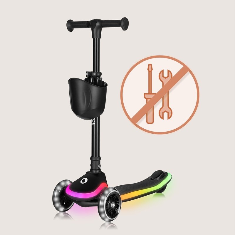 Trotineta pentru copii, Lionelo, Mey, Ultrapliabila, Cu lumini si cosulet, Maner ajustabil pe inaltime, 3 ani+, Pana la 50 Kg, Ultra usor, 2.8 kg, Conform cu standardul EN71-1/2/3, Certificata Intertek, Negru - gogobaby.ro