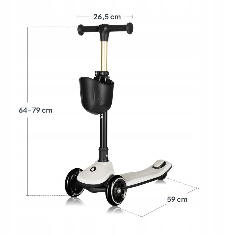 Trotineta pentru copii, Lionelo, Mey, Ultrapliabila, Cu lumini si cosulet, Maner ajustabil pe inaltime, 3 ani+, Pana la 50 Kg, Ultra usor, 2.8 kg, Conform cu standardul EN71-1/2/3, Certificata Intertek, Bej - gogobaby.ro