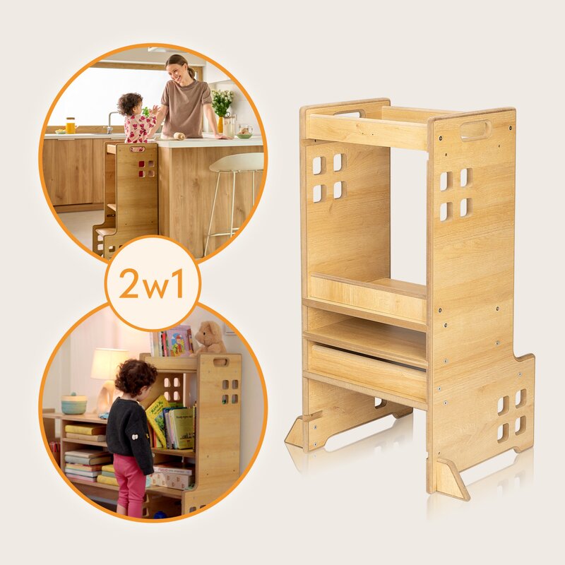 Turn de invatare Montessori, Lionelo, Cass, Functie de raft pentru carti, Pana la 30 kg, 12 luni - 6 ani, Din MDF si furnir, 3 trepte de inaltime, Alb - gogobaby.ro