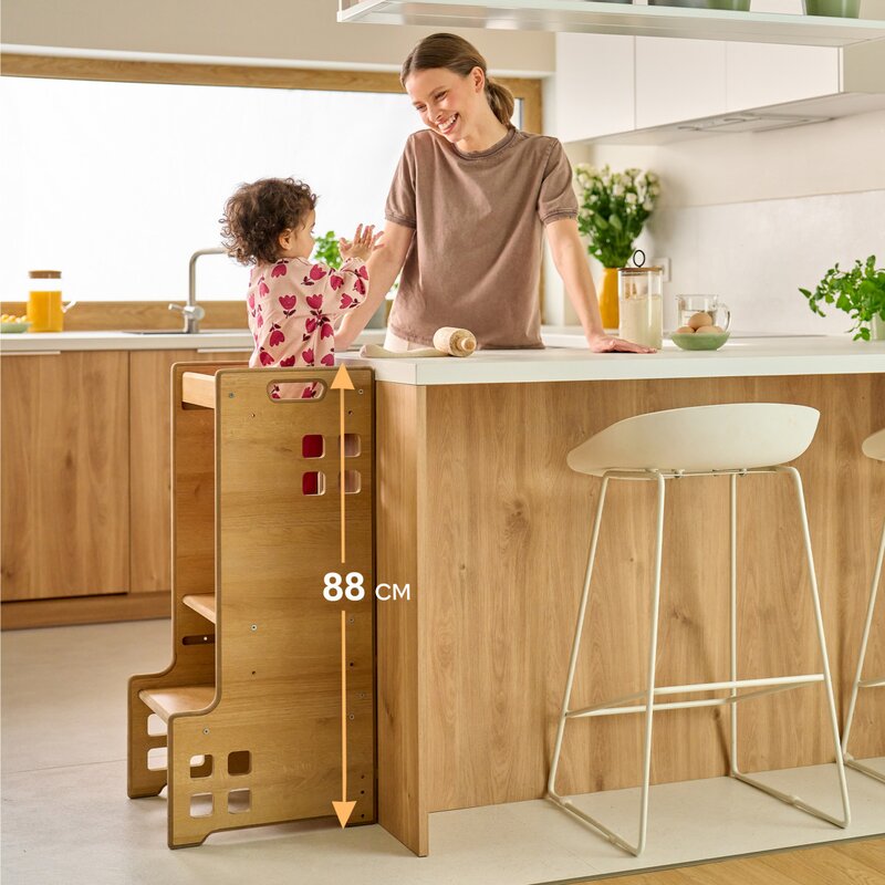 Turn de invatare Montessori, Lionelo, Cass, Functie de raft pentru carti, Pana la 30 kg, 12 luni - 6 ani, Din MDF si furnir, 3 trepte de inaltime, Alb - gogobaby.ro
