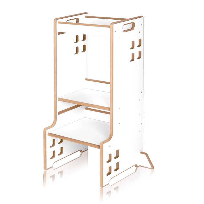 Turn de invatare Montessori, Lionelo, Cass, Functie de raft pentru carti, Pana la 30 kg, 12 luni - 6 ani, Din MDF si furnir, 3 trepte de inaltime, Alb - gogobaby.ro