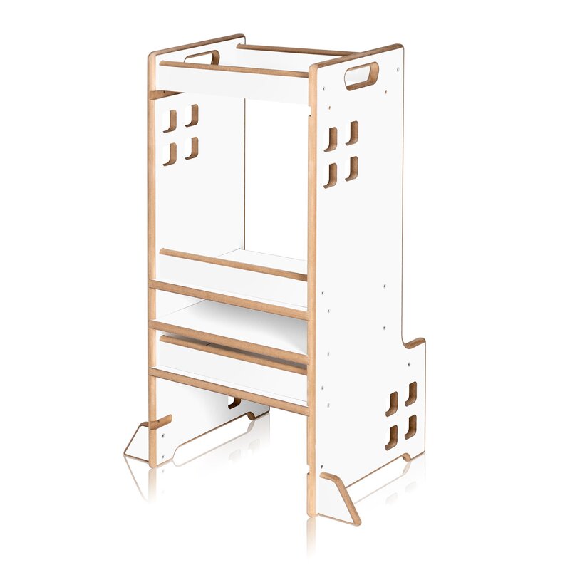 Turn de invatare Montessori, Lionelo, Cass, Functie de raft pentru carti, Pana la 30 kg, 12 luni - 6 ani, Din MDF si furnir, 3 trepte de inaltime, Alb - gogobaby.ro