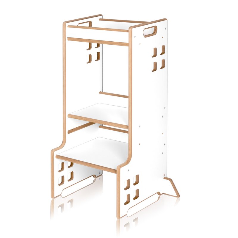 Turn de invatare Montessori, Lionelo, Cass, Functie de raft pentru carti, Pana la 30 kg, 12 luni - 6 ani, Din MDF si furnir, 3 trepte de inaltime, Alb - gogobaby.ro