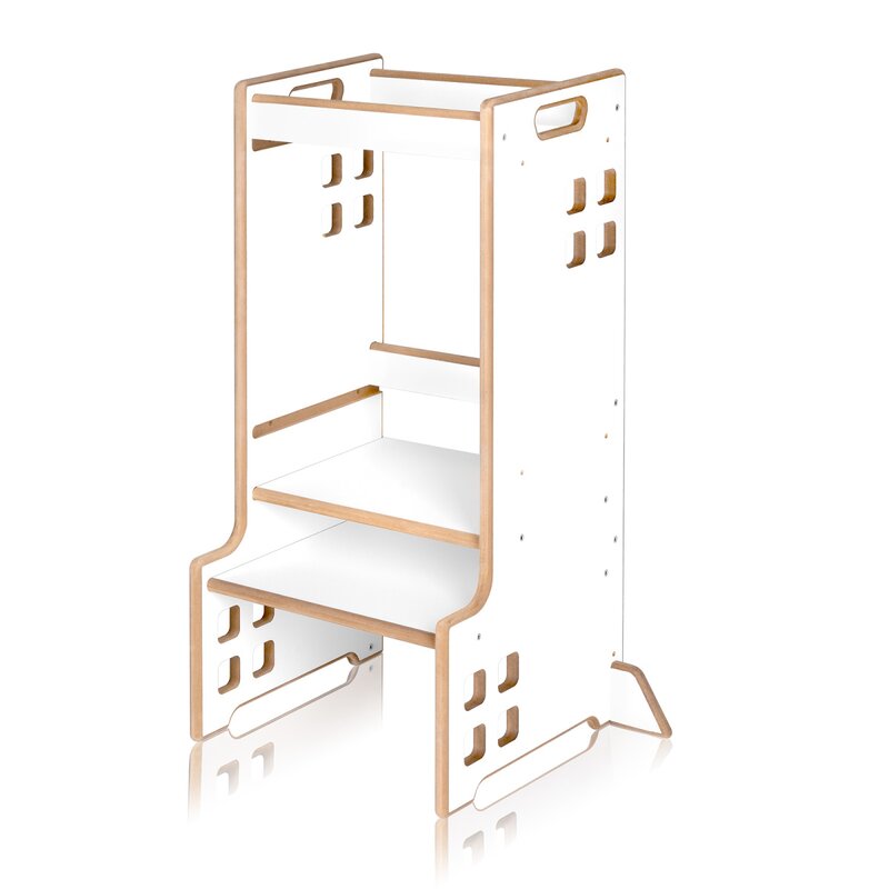 Turn de invatare Montessori, Lionelo, Cass, Functie de raft pentru carti, Pana la 30 kg, 12 luni - 6 ani, Din MDF si furnir, 3 trepte de inaltime, Alb - gogobaby.ro