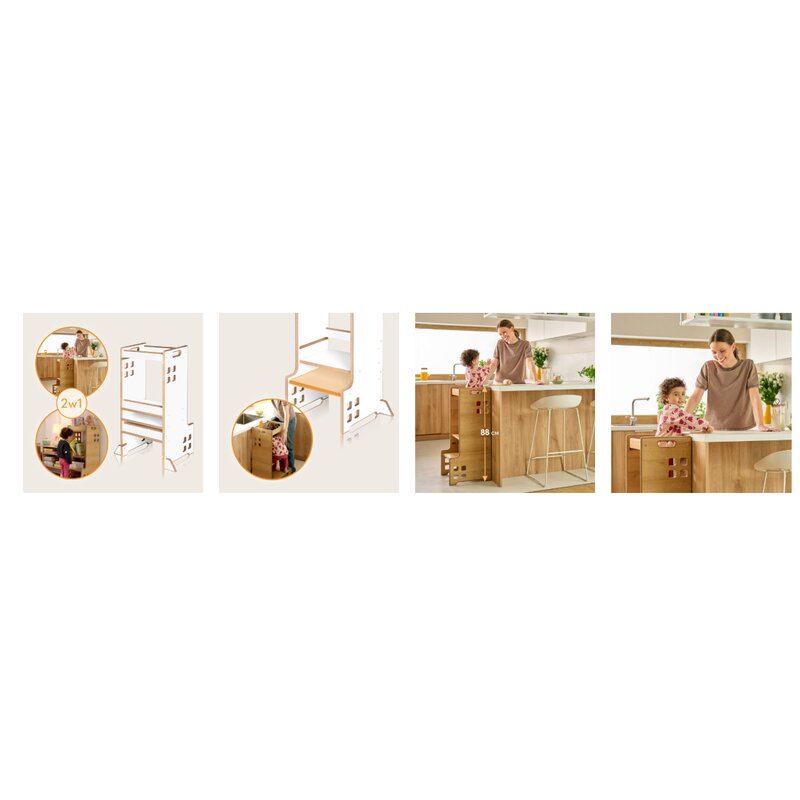 Turn de invatare Montessori, Lionelo, Cass, Functie de raft pentru carti, Pana la 30 kg, 12 luni - 6 ani, Din MDF si furnir, 3 trepte de inaltime, Alb - gogobaby.ro
