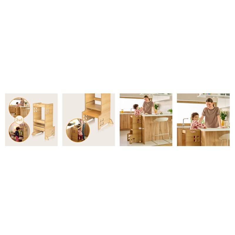 Turn de invatare Montessori, Lionelo, Cass, Functie de raft pentru carti, Pana la 30 kg, 12 luni - 6 ani, Din MDF si furnir, 3 trepte de inaltime, Natur - gogobaby.ro