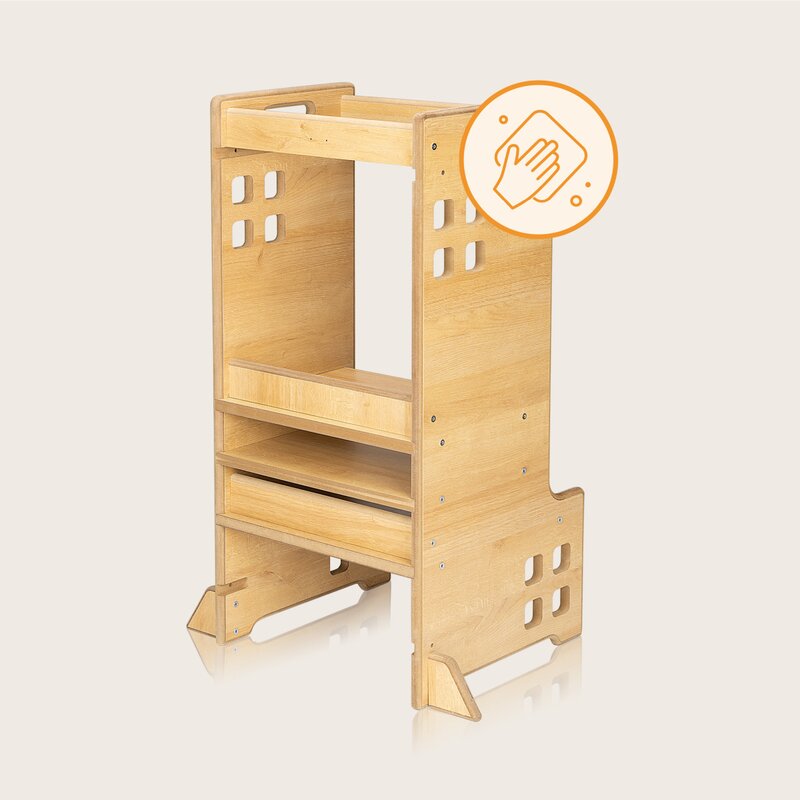 Turn de invatare Montessori, Lionelo, Cass, Functie de raft pentru carti, Pana la 30 kg, 12 luni - 6 ani, Din MDF si furnir, 3 trepte de inaltime, Natur - gogobaby.ro