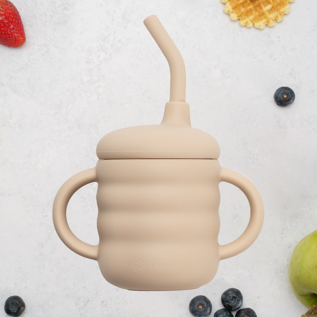 Cana din silicon cu pai, AppeKids - Bubble Beige - gogobaby.ro
