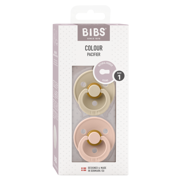 BIBS - Set 2 suzete Colour Latex, tetina rotunda, 0 luni +-Vanilla/Blush - gogobaby.ro