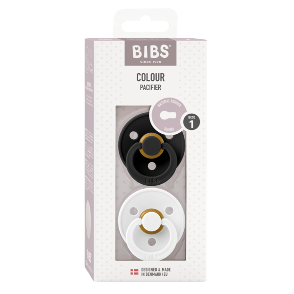 BIBS - Set 2 suzete Colour Latex, tetina rotunda, 0 luni +-Black/White