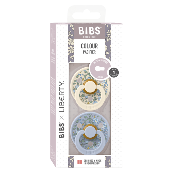 BIBS x LIBERTY - Set 2 suzete Colour Eloise Latex, tetina rotunda, 0 luni+- Dusty Blue/Ivory - gogobaby.ro