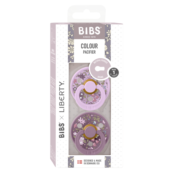 BIBS x LIBERTY - Set 2 suzete Colour Chamomile Lawn Latex, tetina rotunda, 0 luni+-Mauve/Violet Sky - gogobaby.ro