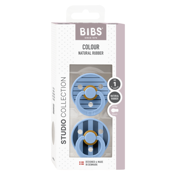 BIBS - Set 2 suzete Colour Studio Collection Stripe Latex, tetina rotunda, 0 luni+-Sky Blue - gogobaby.ro
